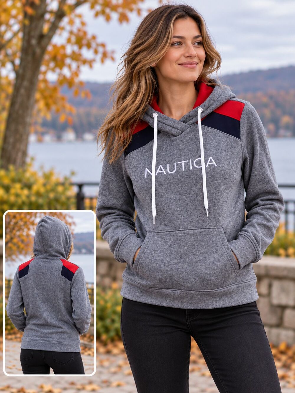 Nautica Womens Small Gray Hoodie Pullover Red Navy Colorblock Fleece Sweatshirt
